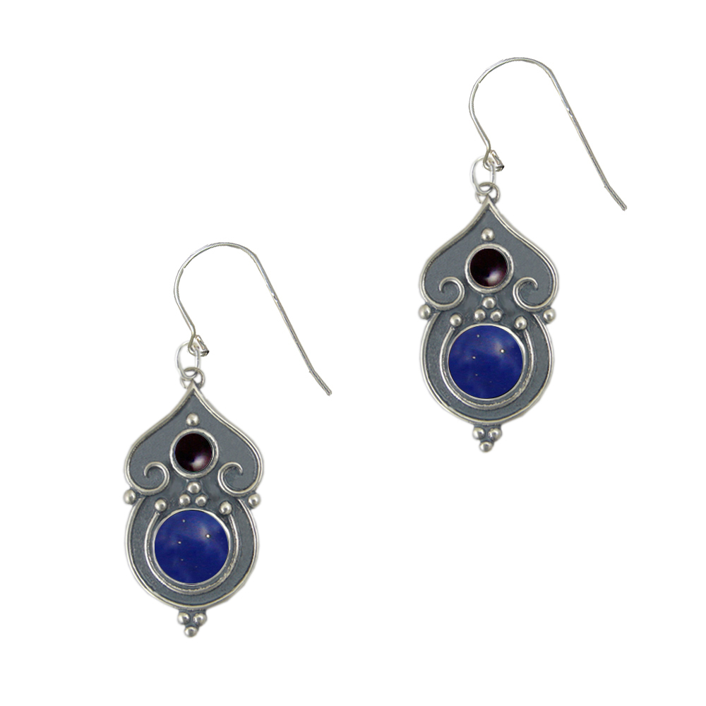 Sterling Silver Gothic Inspired Drop Dangle Earrings With Lapis Lazuli And Garnet